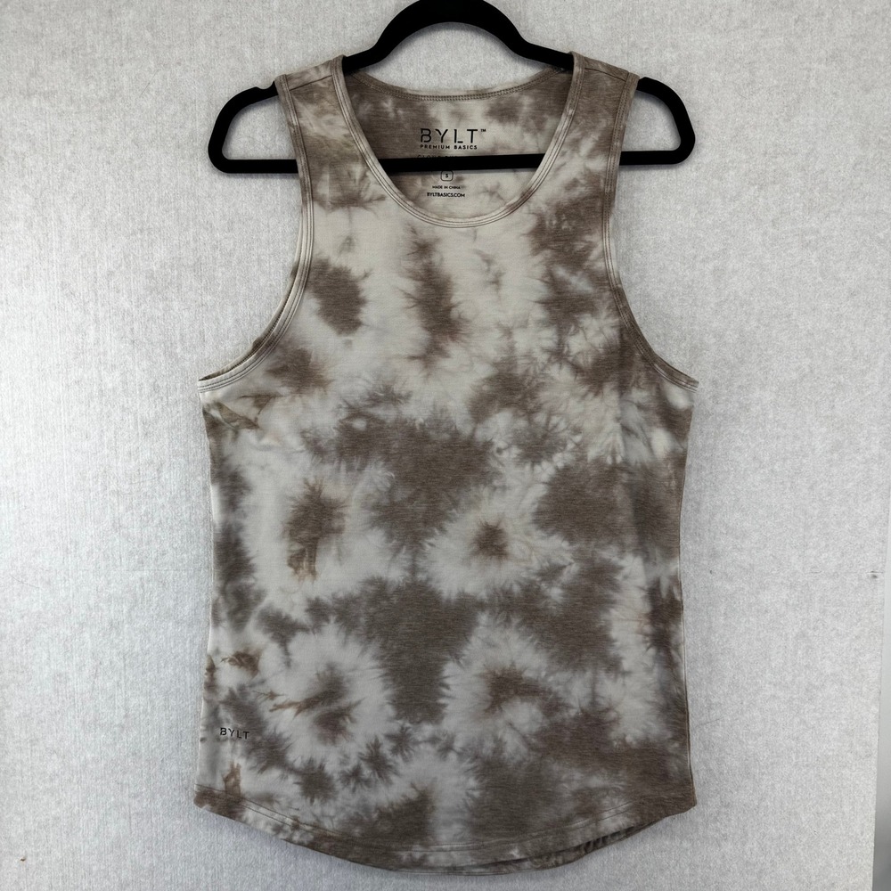 BYLT Premium Basics Mens Cloud Dye Tank Top Brown Tan Tie Dye Small Curved Hem